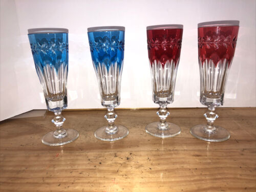 4 Pcs. Ajka Crystal / Hungary Made 24% Pbo Flute / Cordial / 2 Red 2 Blue / Cut