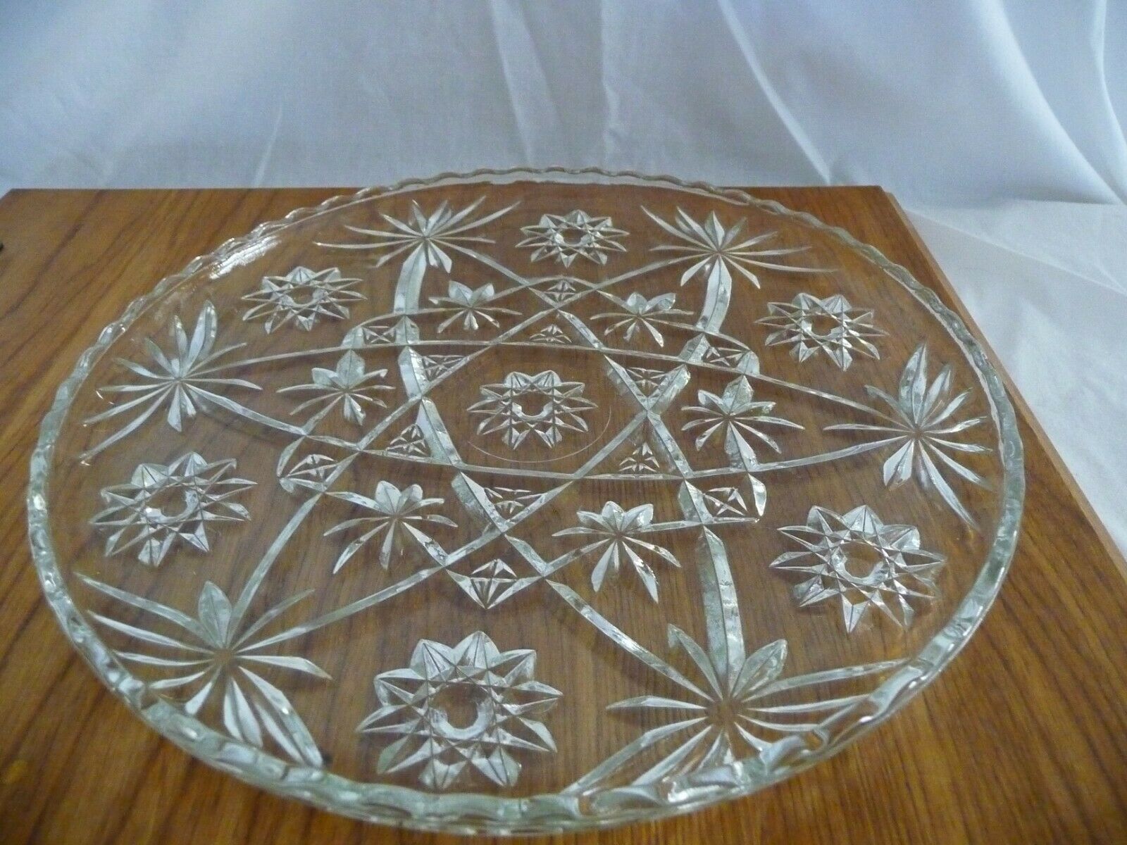 Vintage Cut Glass Cake/serving Platter With Floral Design-11 Inch