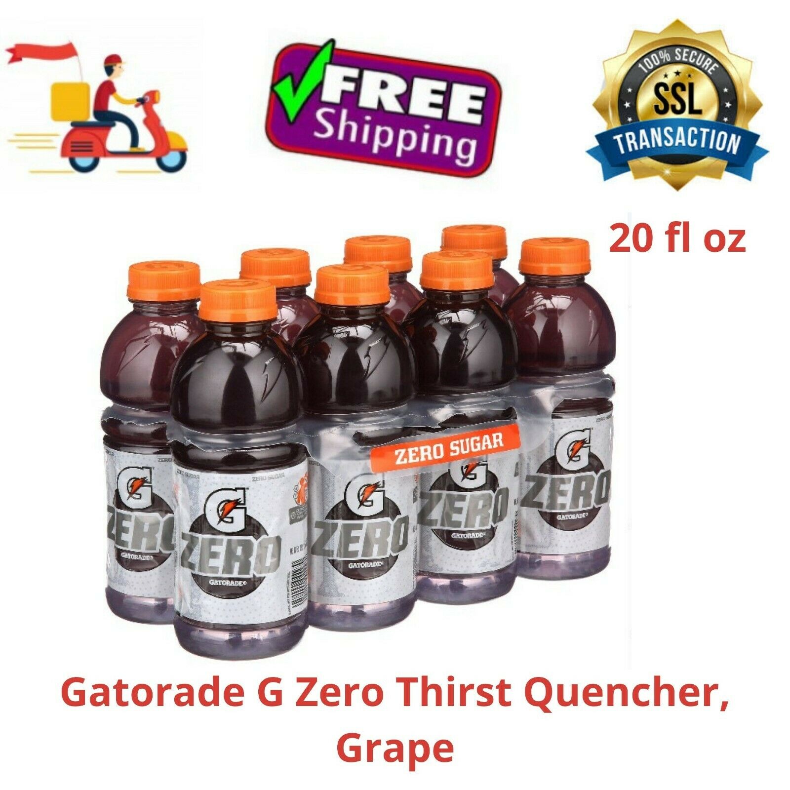 (8 Bottles) Gatorade G Zero Thirst Quencher, Grape Flavour, 20 Fl Oz
