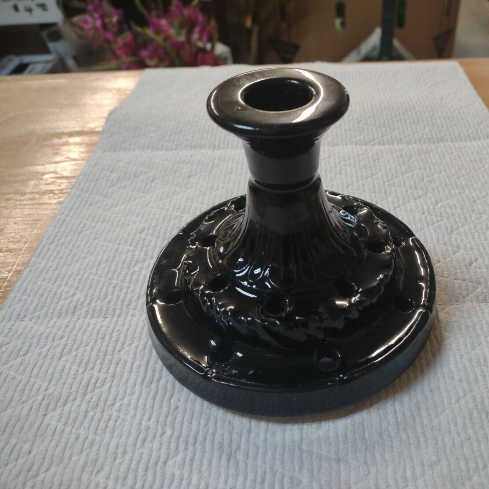 Vintage Monmouth Pottery Western Stoneware Black Flower Frog Candleholder