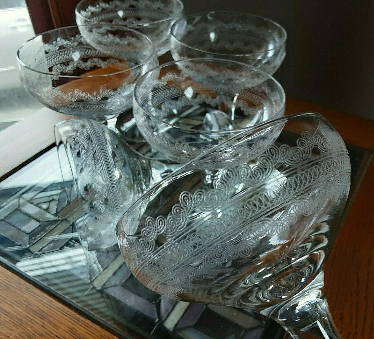 Vintage Needle Etched Champagne Coupes Set Of 6