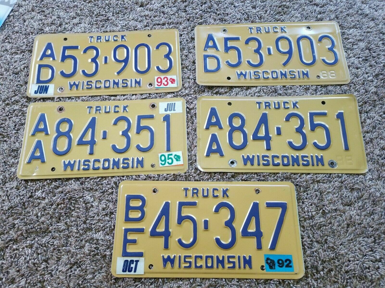 Vtg Lot Of Five (5) 1988 Wisconsin Truck License Plates Brown Tan