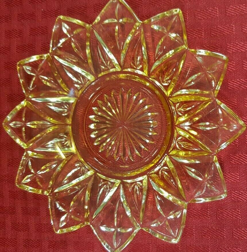 Vintage Polish Crystal Shallow Gold Tint Candy Dish Unique Collectible