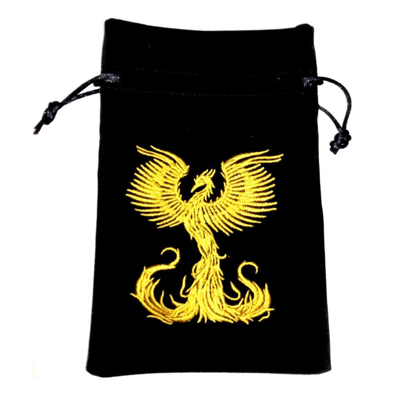 Phoenix Rising Tarot Card Bag - Black Velvet With Black Drawstring Cord
