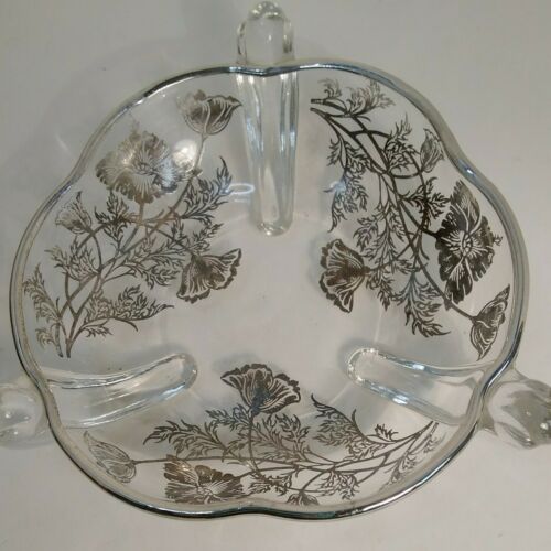 Vintage Silver Floral Overlay Silver Rimmed Footed Glass Candy / Nut Dish Bowl