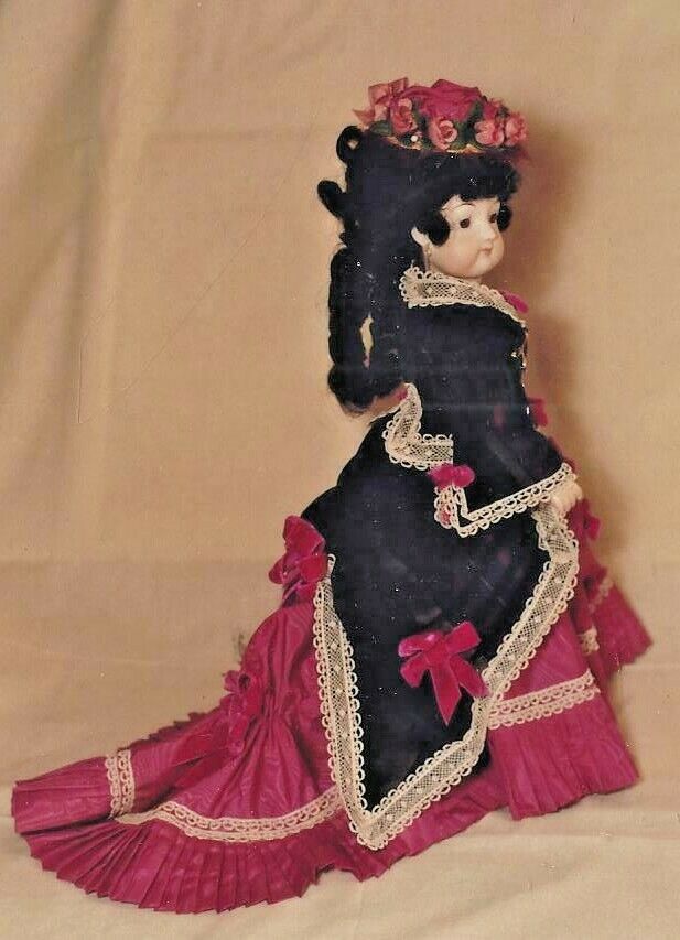 17-18"antique French Fashion Lady Doll@1883 Lace Bustle Dress Train Hat Pattern