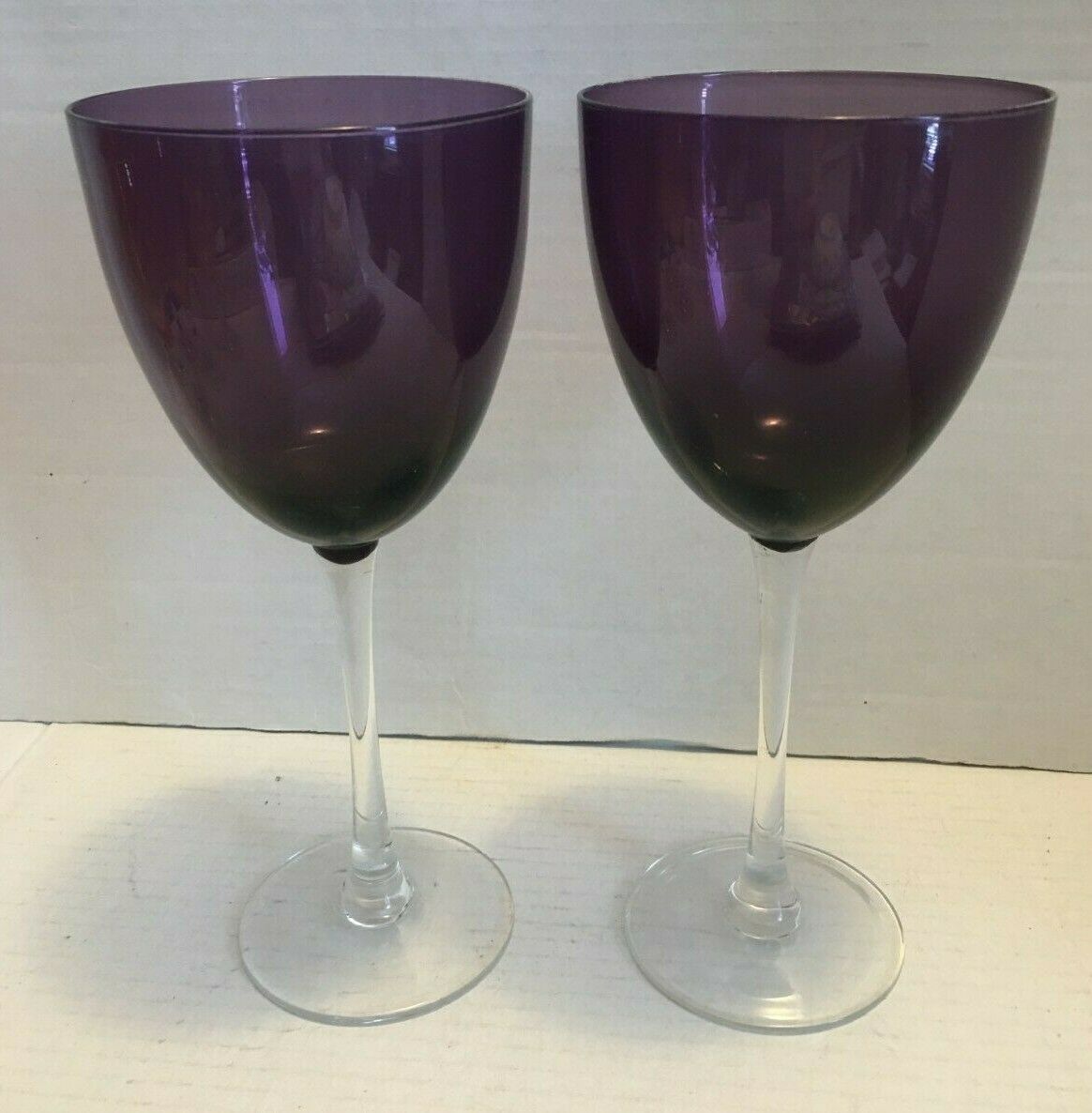 Wine Goblets/glasses Set Of 2 Beautiful Amethyst/purple W/clear Stems 9" Tall