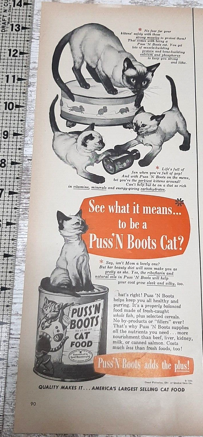 1951 Puss 'n Boots Cat Food Vintage Print Ad Siamese Kittens Play Kitty Canned
