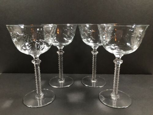Set Of 4 Etched Floral Crystal Tall Champagne Glasses Sherbet Elegant Stemware
