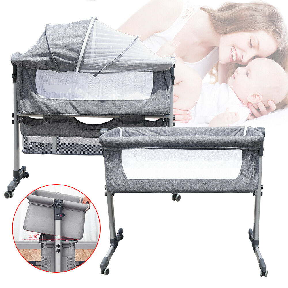 Portable Baby Bed Side Sleeper Infant Crib Adjustable Height W/retractable Feet