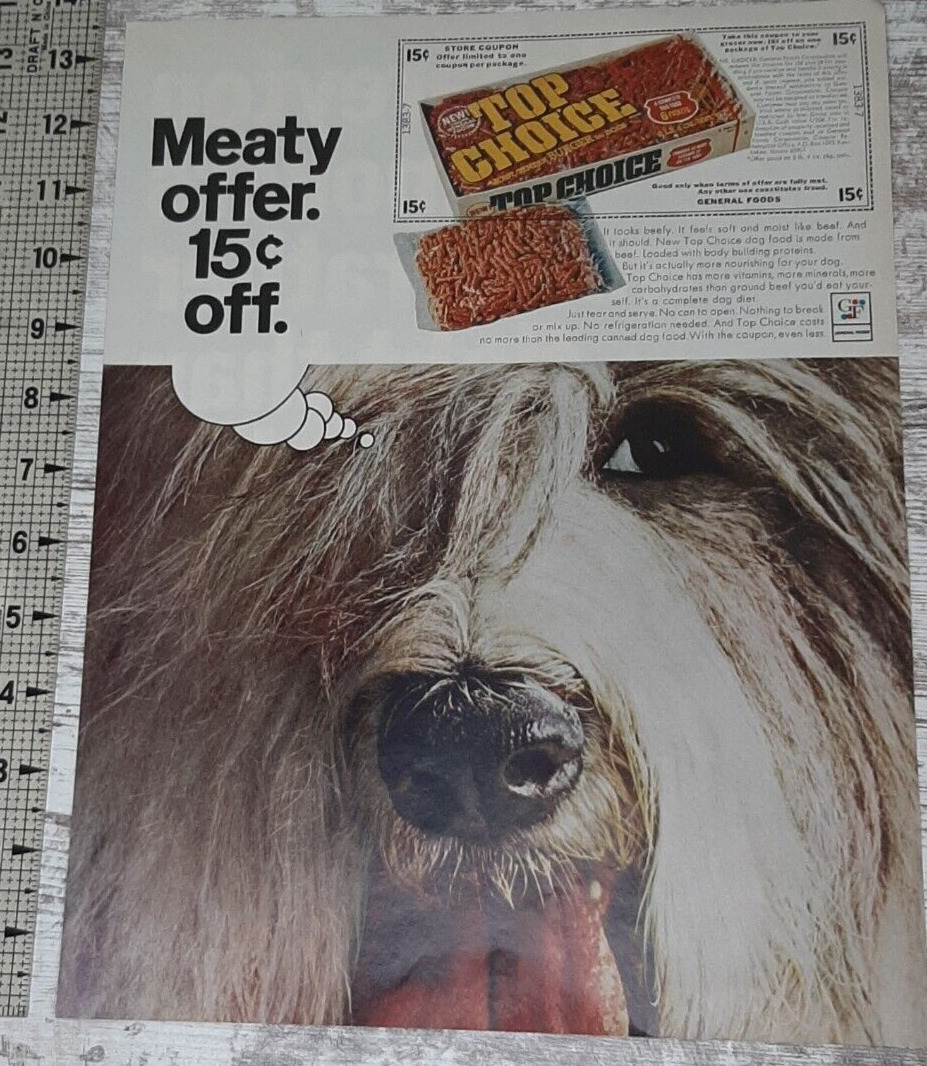 1966 Top Choice Dog Food Vintage Print Ad Burger Sheepdog Coupon Meaty Offer