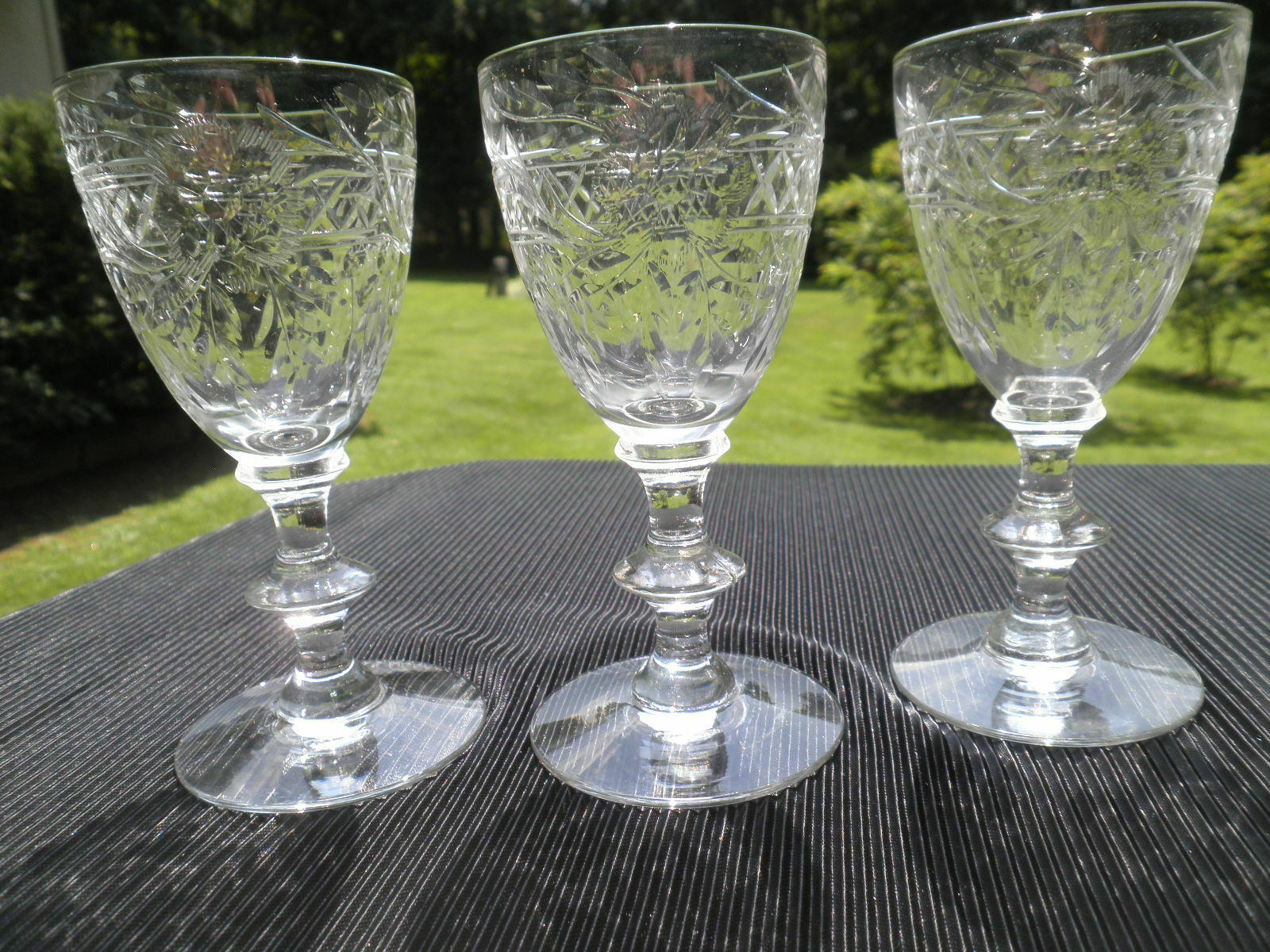 Art Deco Intricate Cut Crystal  4 9/16" Cordial / Apertif Stems Set Of 3- Lovely
