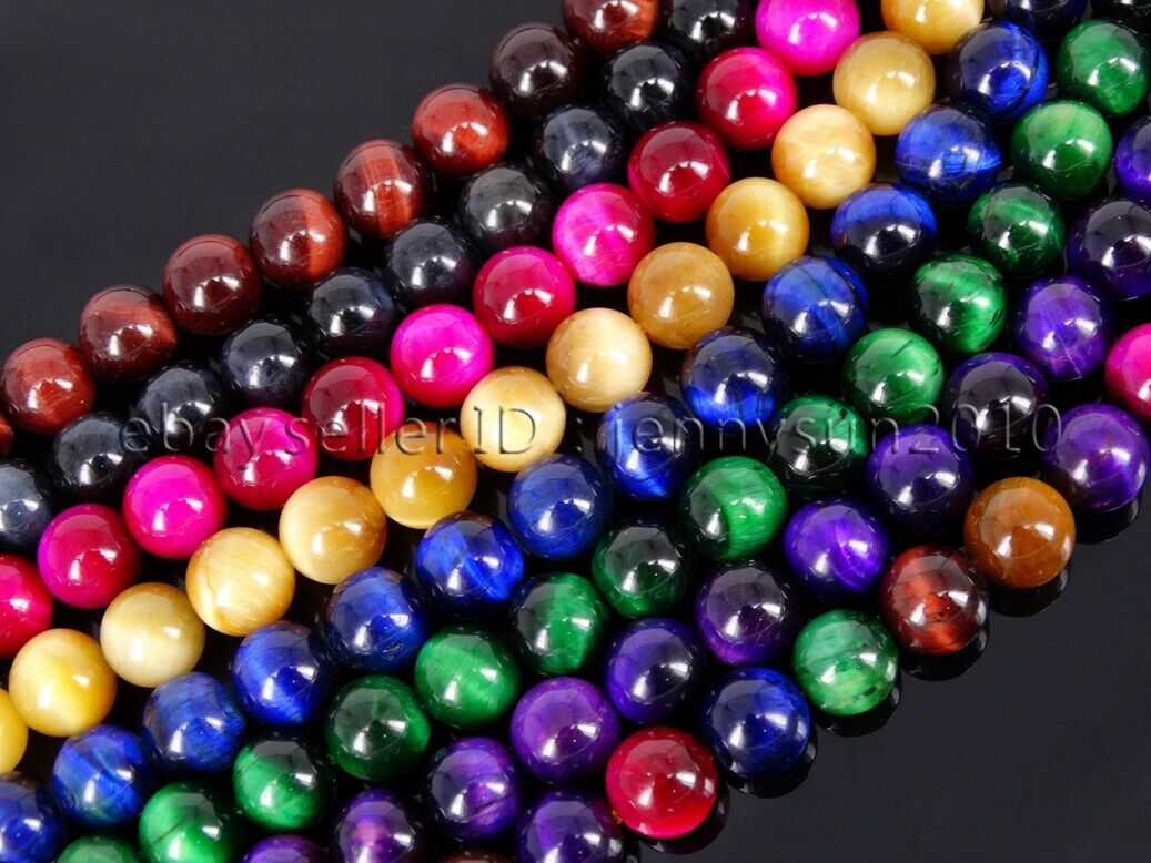 Natural Tiger's Eye Gemstone Round Beads 15'' Red Gold Blue Green Pink Assorted