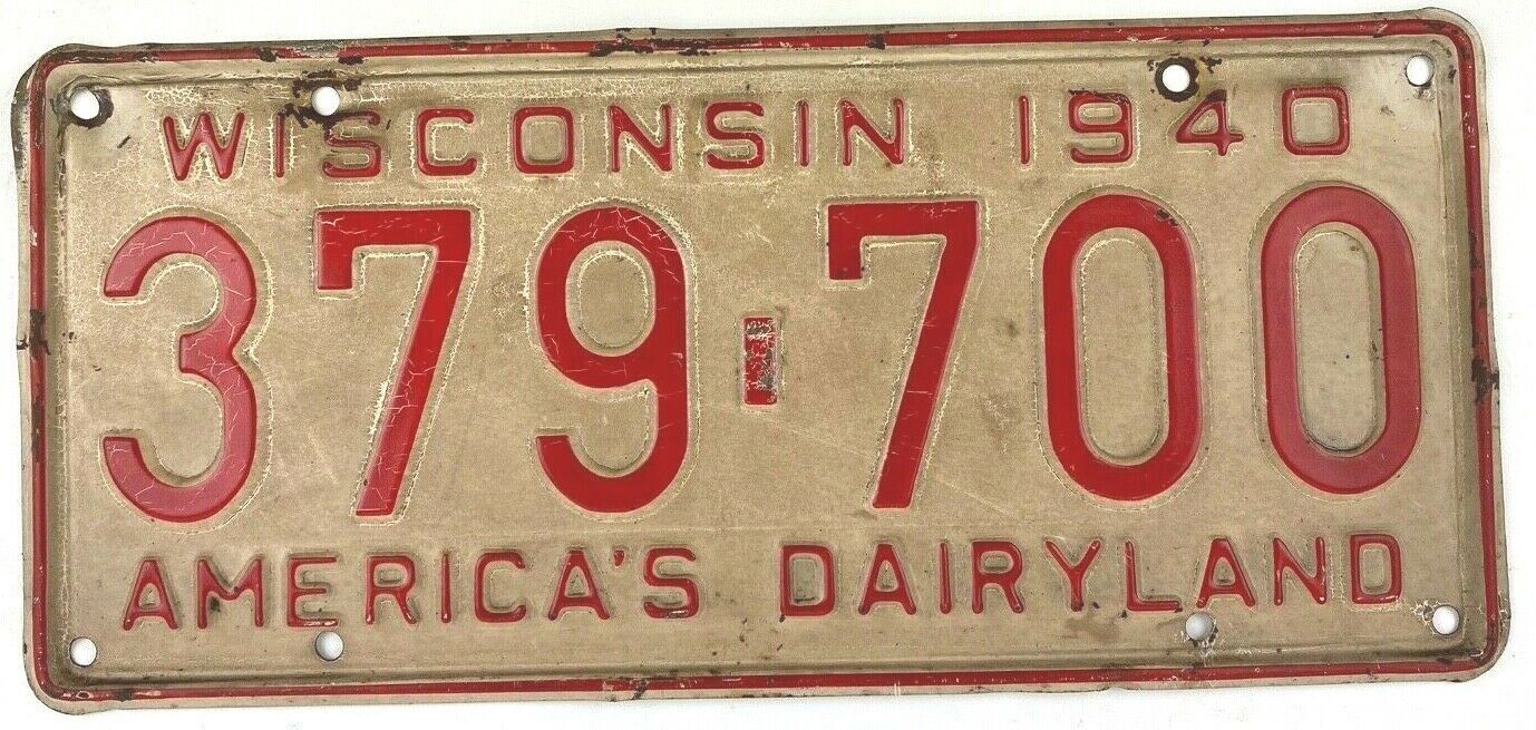 Wisconsin 1940 Old License Plate Pre-war Vintage Auto Car Tag Garage Decor Gift