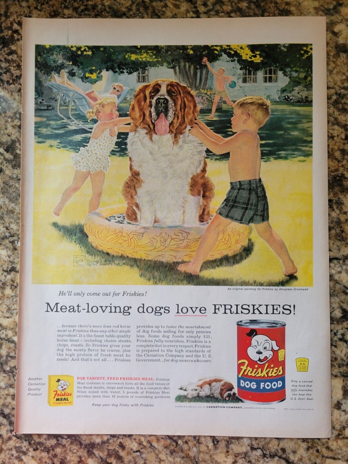1956 Friskies Dog Food Ad - He'll Only Come Out For Friskies. Douglass Crockwell