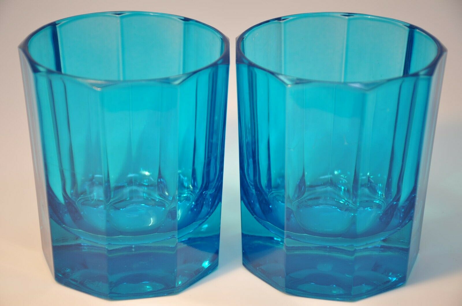 Pair 9-panel Sebastian Marcen 4" Sapphire Blue Heavy Whiskey Lowball Glasses