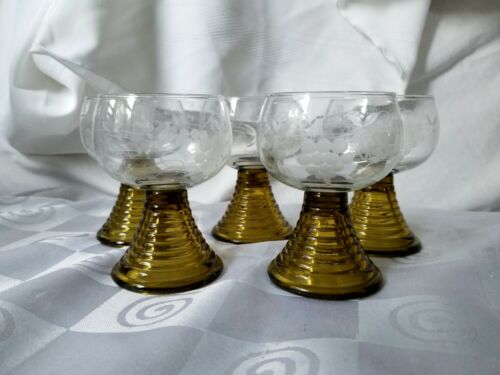Roemer Germany Hollow Olive Green Beehive Stem Cut Grapes Cordial Liquor Glasses