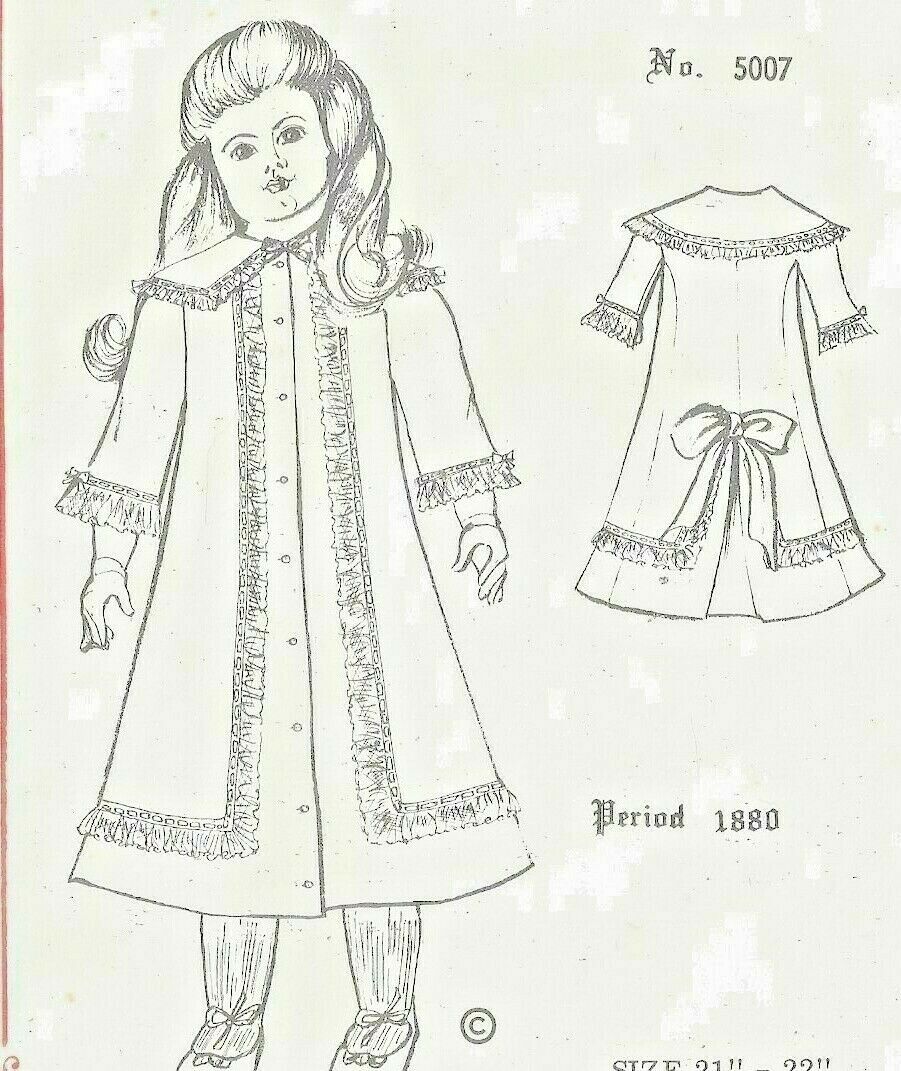 13-14(or)21-22"antique French Bru German Doll@1880 Basic Coat-dress Bow Pattern
