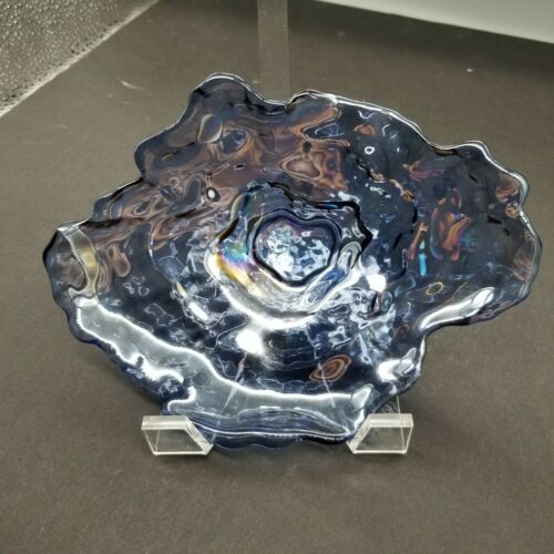 Dark Blue Iridescence Oyster Art Glass Decorative Centerpiece Dish 3d Trinket 5"