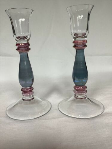2 Krosno Crystal 7” Candle Holders Candlesticks Pink Blue Iridescent Glass Pair