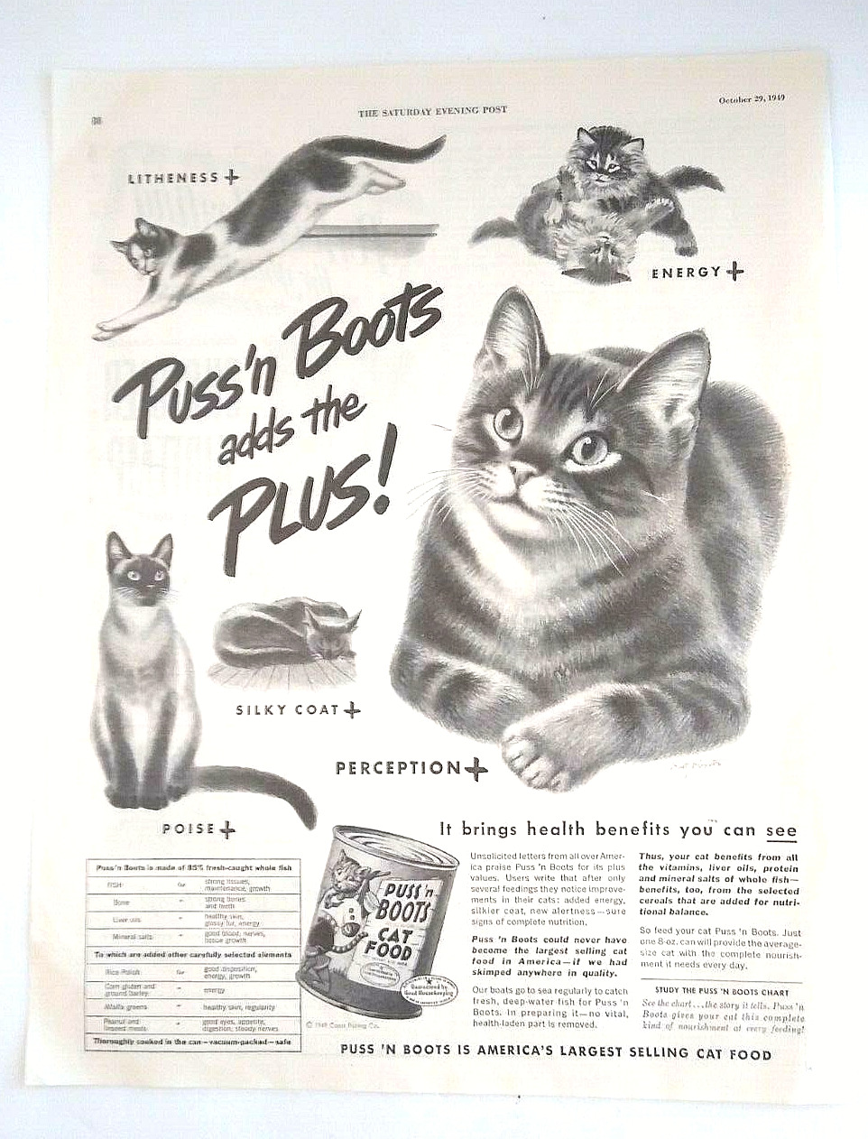 Puss'n Boots Adds The Plus! Vintage Print Ad 1949