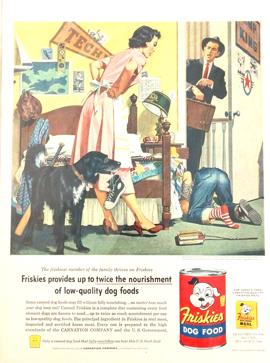 Friskies Dog Food Print Ad 1955 James Bingham Art Dad Mom Boy Vintage