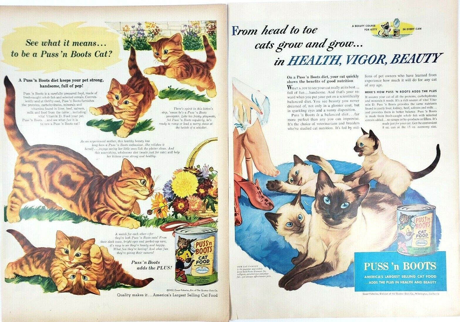 Puss N Boots Cat Food Lot 2 Vintage Ads Siamese Kittens Kitties Pets